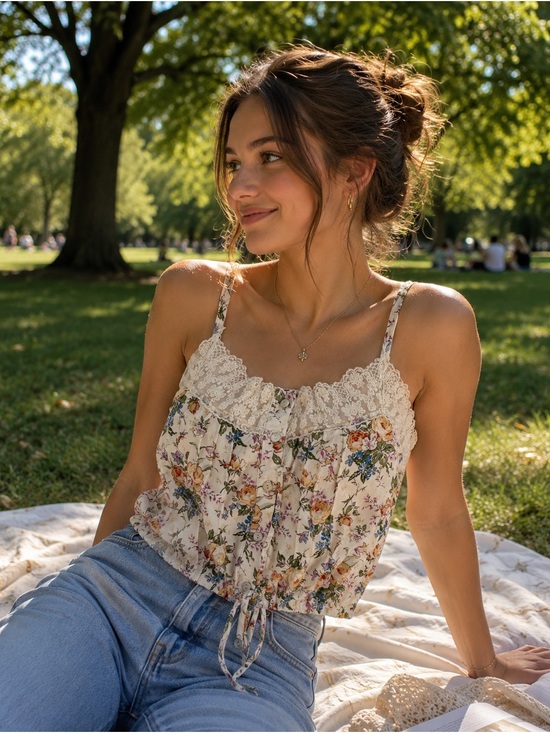 living doll Tops - Living doll Cream Floral Lace-Trim Top with Flowers Women’s Size M
